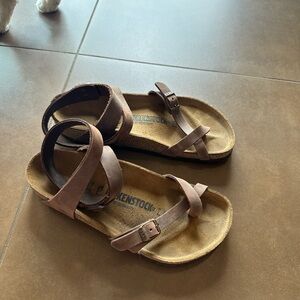 Birkenstock Brown Sandals with Cork Footbed and Two-Strap Design